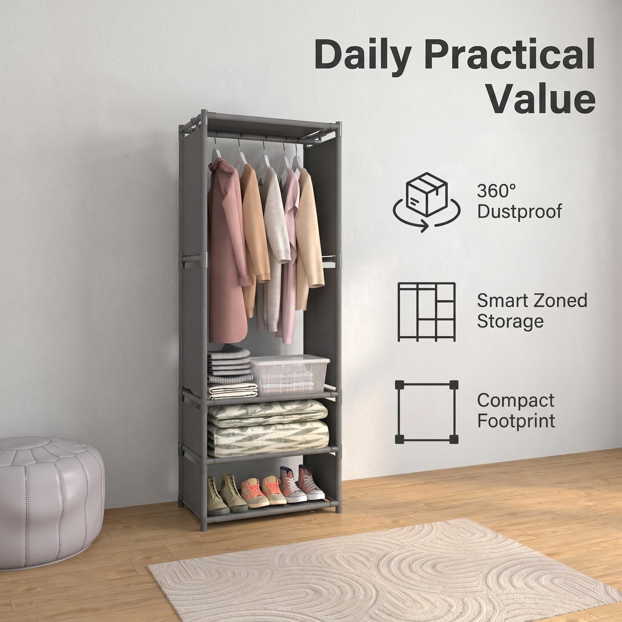 TEMU Armoire noire à simple rangée, entièrement fermée en tissu, organisateur de rangement de vêtements anti-poussière avec tringle et étagères
