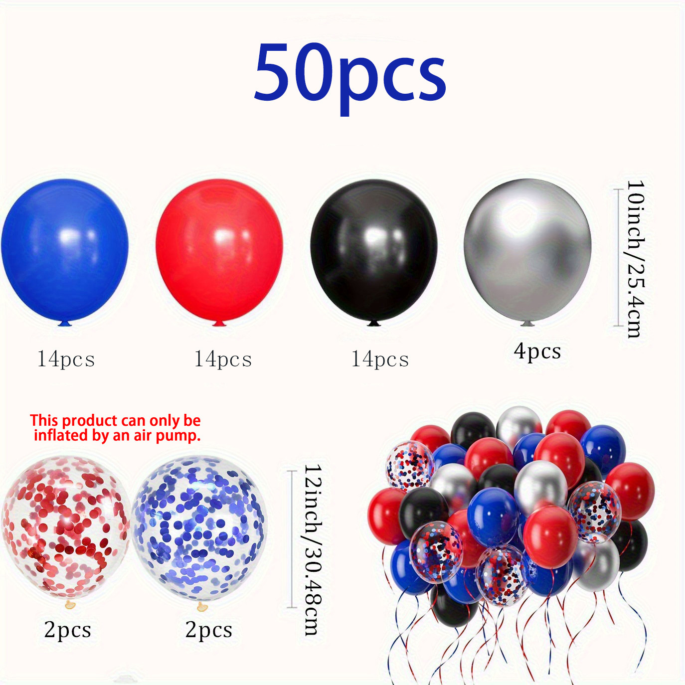 Image of 50pcs Red And Blue Balloons, 10 Inch Black Red Blue Silvery Latex Balloons 12 Inch Confetti Balloons For Happy Birthday Hero Theme Graduation Shower Party Decorations For Christmas, Halloween