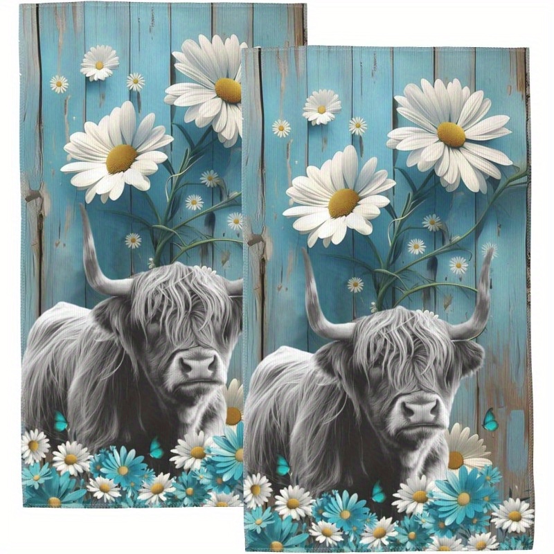 

2 Sets 18*26 Inch Cow Themed Gift Towel Highland Cow Hand Towels For Bathroom Set Of 2, Kitchen Towels Decor, Absorbent Soft