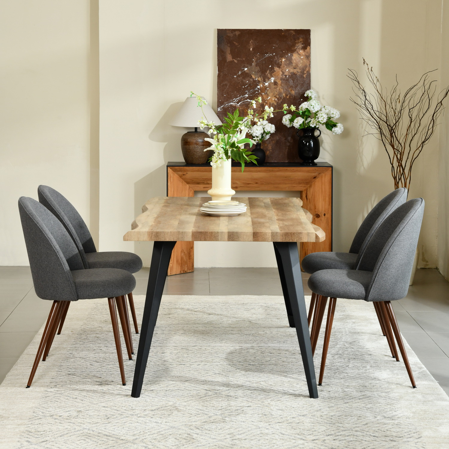5pcs Dining Set with Marble Table or Dark Brown Upholstered  Chairs in Grey, Black Metal Legs Perfect fo