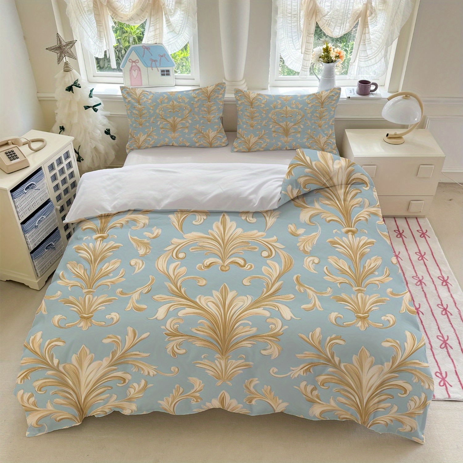 TEMU 3pcs Luxury Damask Pattern Bedding Light Blue And Golden Floral Print (1duvet Cover   2pillowcase, Without Core) For Bedroom