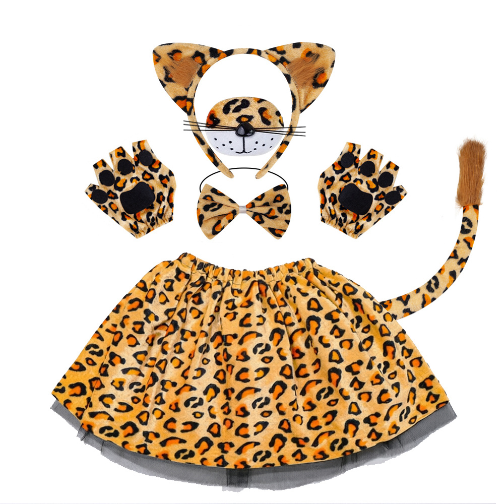 TEMU Leopard Costume Accessory Set, Includes Headband, Nose, Bow Tie, Tail, Fingerless Gloves, Leopard Print Skirt (30cm In Length), Suitable For