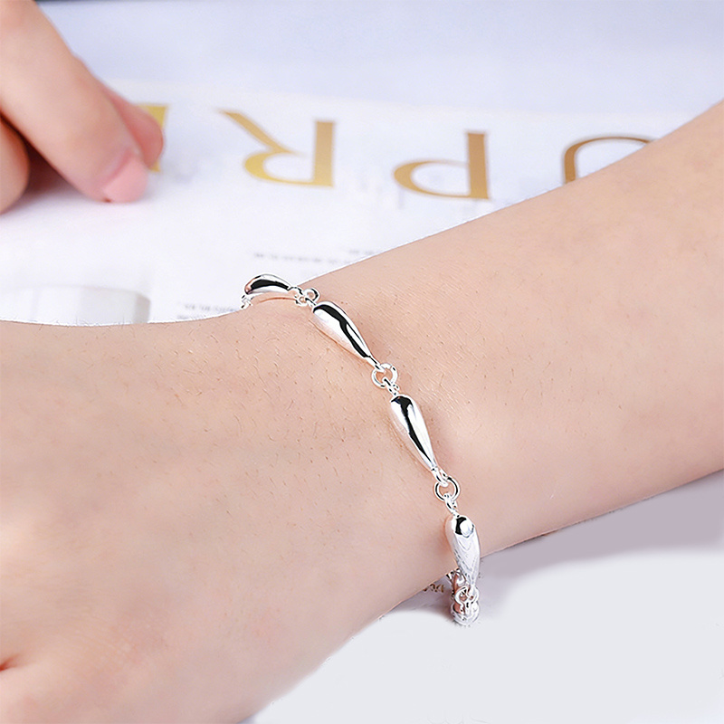 S925 Silvery Water Drop Smooth Bracelet, Elegant Design