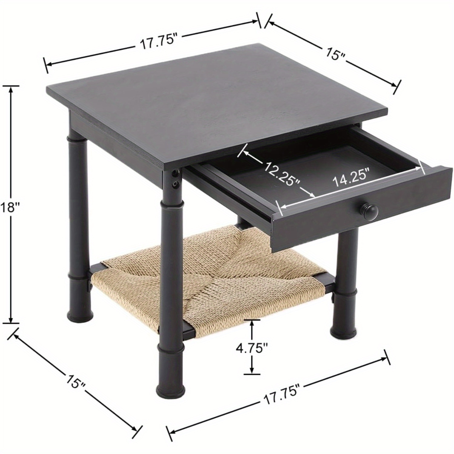 1pc 18 Inches Classical Square Side Table with Drawer 2-Tier End Table with Open Rattan Storage Shelf Solid Wood Sofa Table for Small Space, Living Room, Bedroom, Natural/ Black