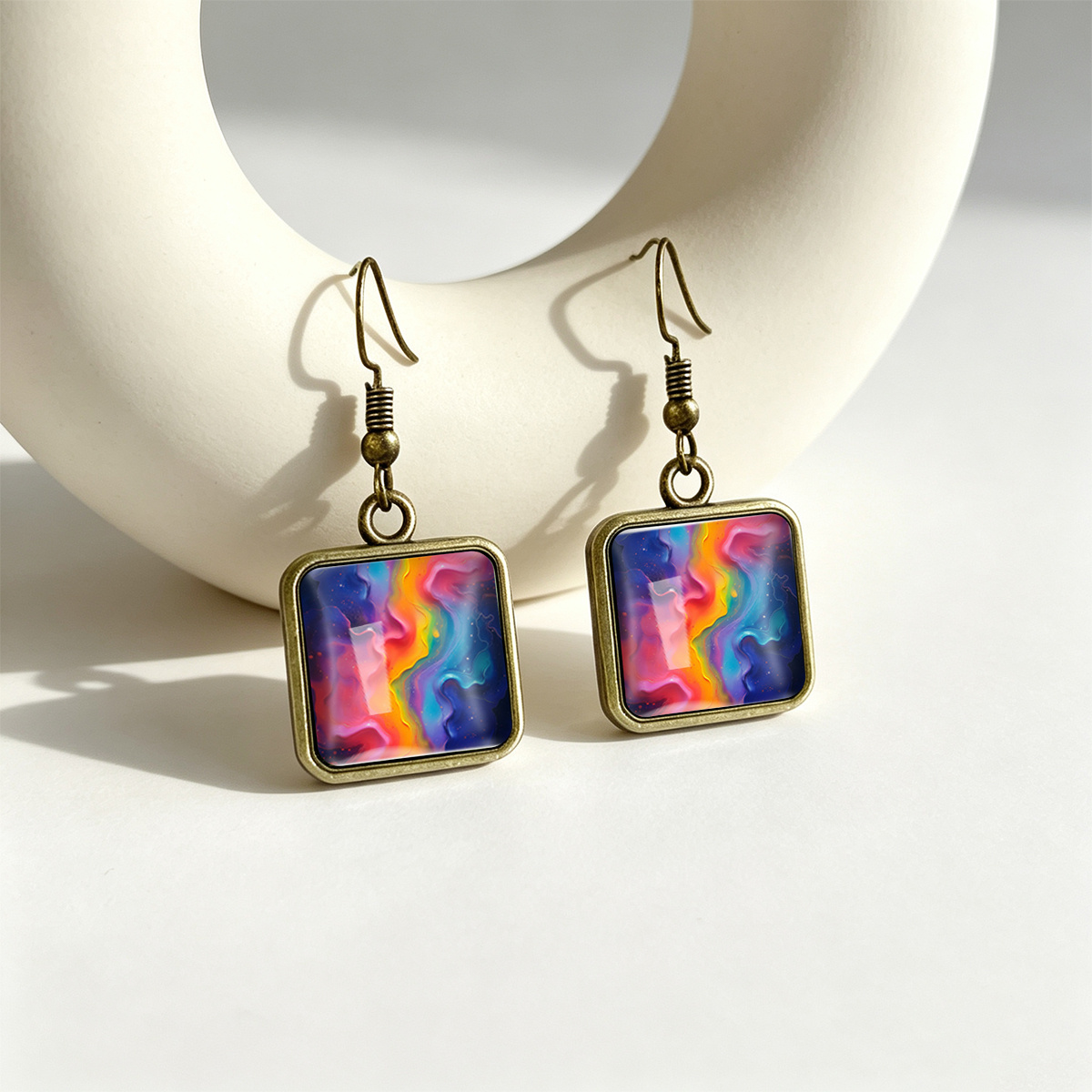 Square Multicolor Gradient Galaxy Nebula Stud Earrings