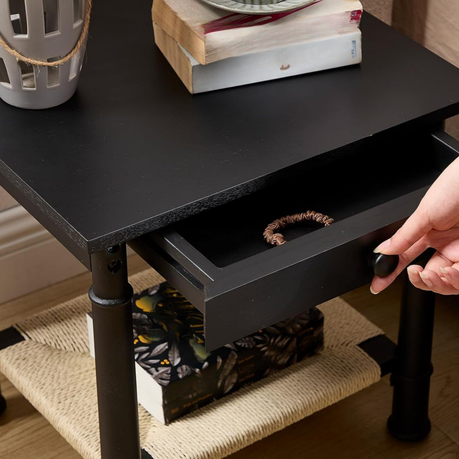 1pc 18 Inches Classical Square Side Table with Drawer 2-Tier End Table with Open Rattan Storage Shelf Solid Wood Sofa Table for Small Space, Living Room, Bedroom, Natural/ Black