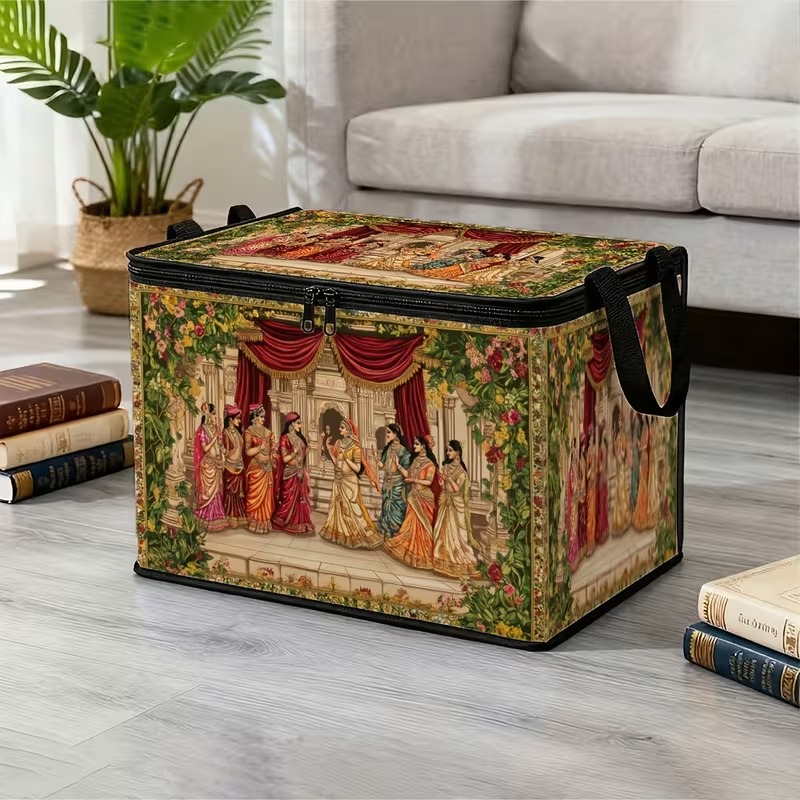 TEMU 1pc Large Traditional Indian Art Lidded Storage Box - Foldable Organizer, Suitable For Closet, Under Bed, Storage | Retro Indian Print Storage
