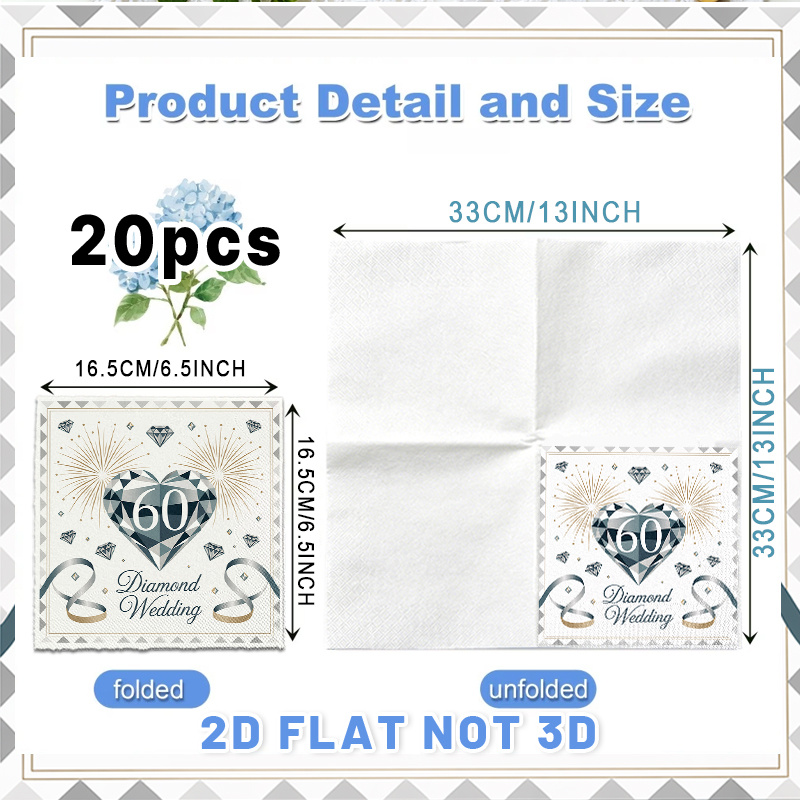 TEMU 2d Flat 20pcs, Diamond 60th Wedding Anniversary Napkins Patterned Tissue Paper Guest Hand Towels Decorative Paper, Spring Summer Picnic, Wedding