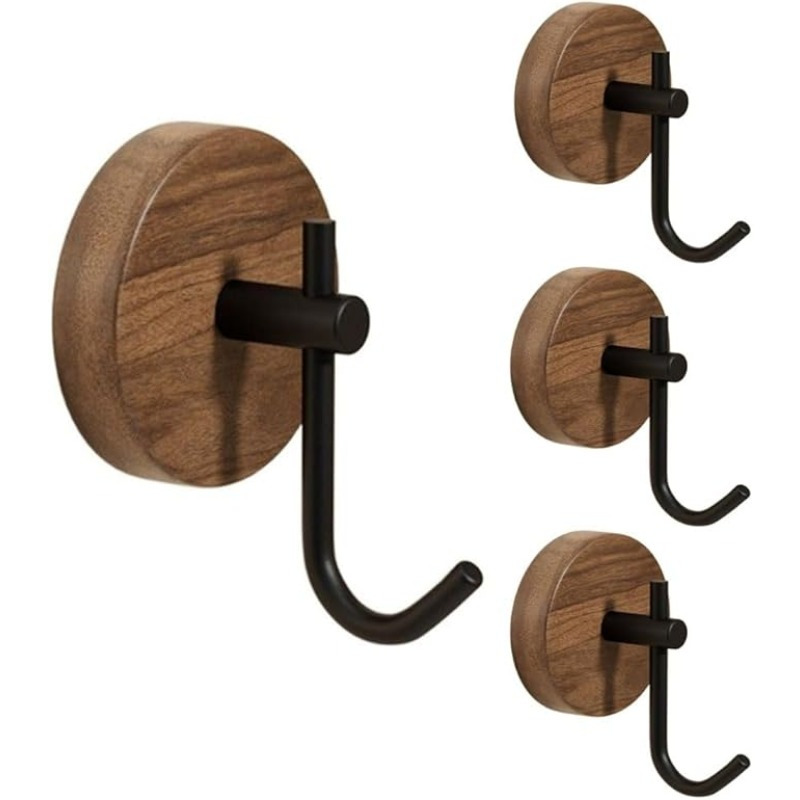 4pcs Wooden Wall Hooks, No Drill Adhesive Hangers - Heavy Duty Sticky Hooks For Coat, Towel, Bag, Hat - Rustproof Storage, Modern Black Wood Hooks, Space Home Decor