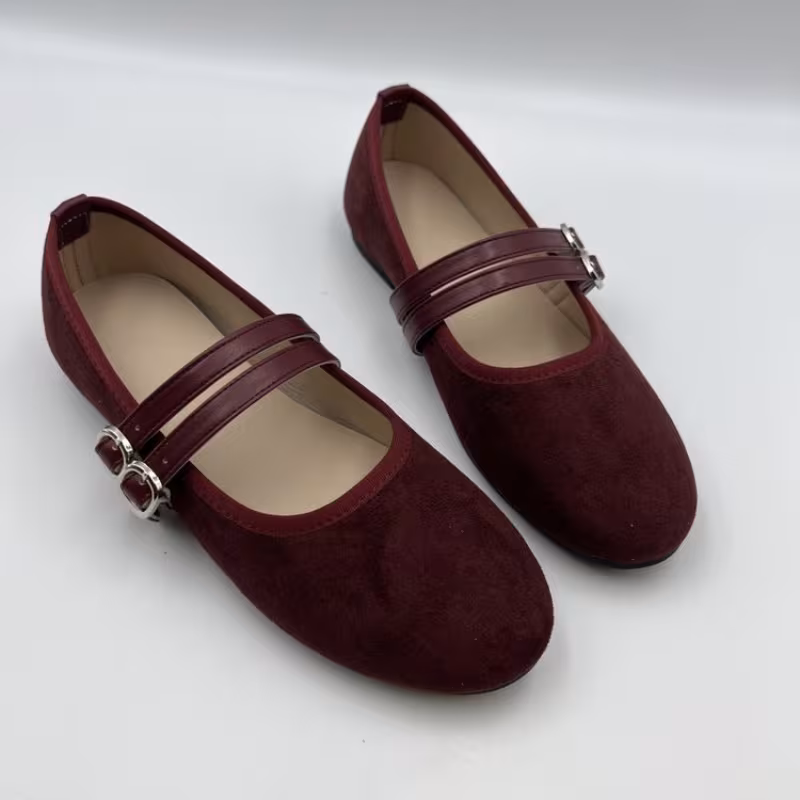 Velvet Double-Buckle Mary Jane Ballet Flats for Women
