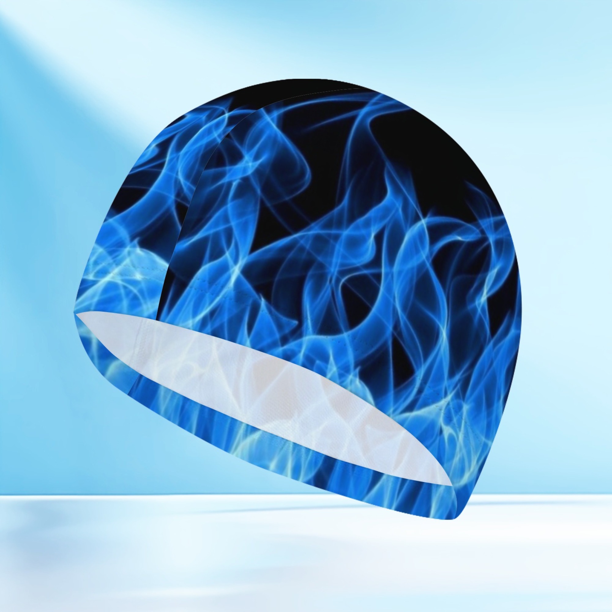 TEMU 1pc Bonnet de natation unisexe, Bonnet de bain à imprimé flamme bleue, Bonnet de natation en tissu confortable, Convient pour d'été, la plage et