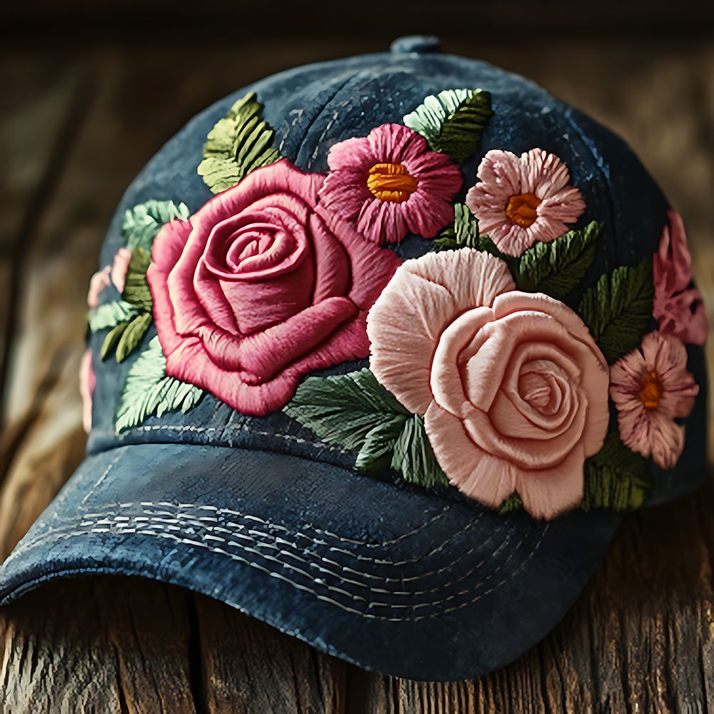 TEMU Blue Denim Baseball With Delicate Floral Embroidery-large And Pale (with Orange ), With Green Leaves And White Stitching-set Against A Rustic