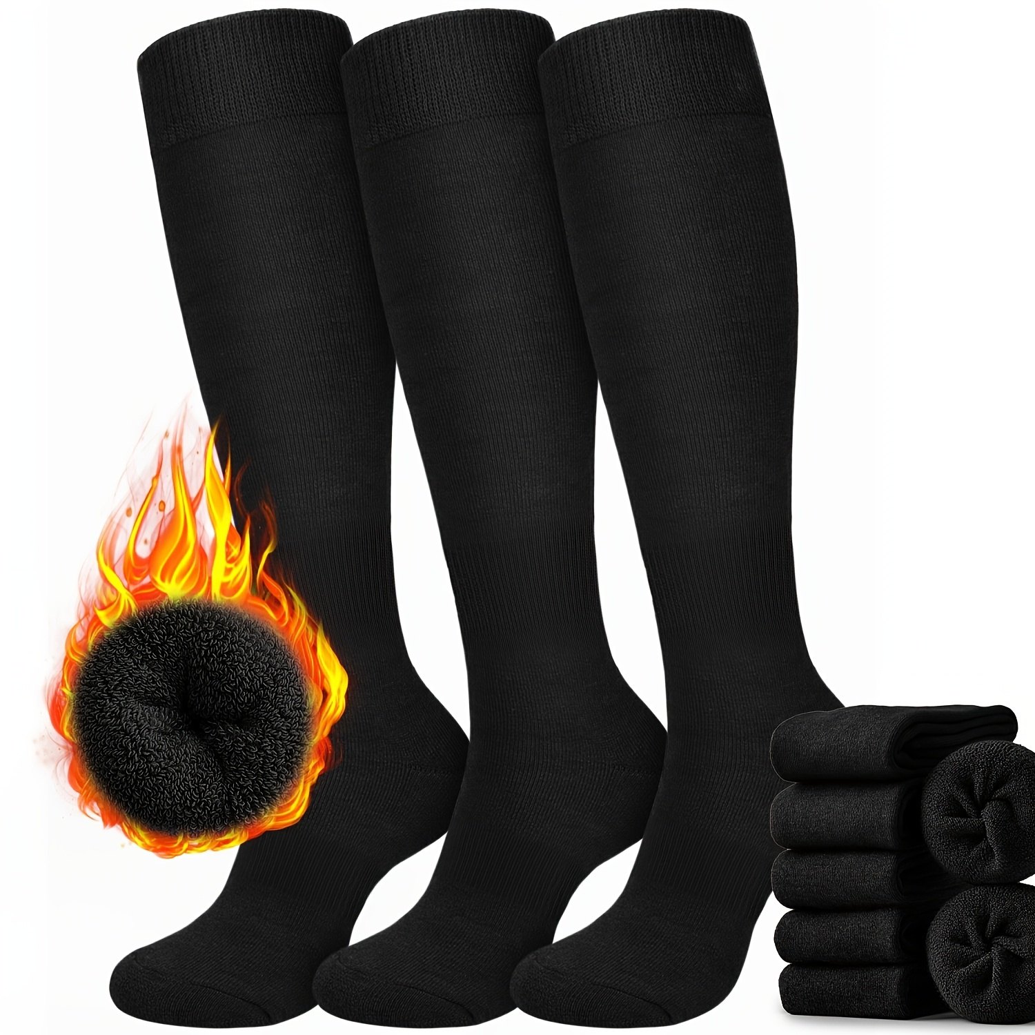 TEMU 3 Pairs Of Warm Boot Socks For Women And Men - Thickened Ski Socks With Ribbed Pockets, Weather , Machine Washable, Solid Black, Essential Warm