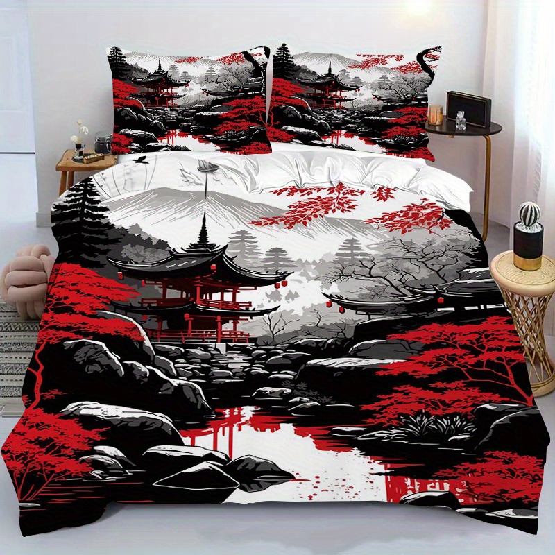 E-shop 2/3-teiliges Bettbezug-Set mit japanischem -Tempel-Landschaftsdruck, inklusive Bettbezug und Kissenbezüge - für Schlafzimmer und