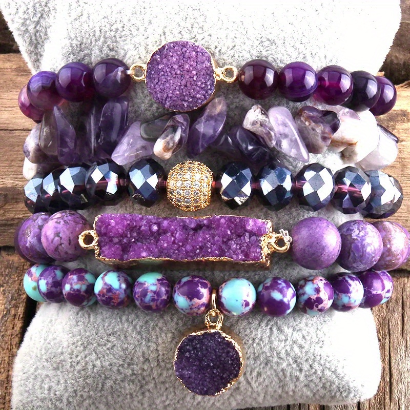 5pcs Chic Natural Stone Beaded Bracelet Set - Handcrafted, Stackable Stretch Bracelets With Turquoise & Zirconia Charms, Elegant Bohemian Jewelry For Women, Ideal Birthstone Gift, Bracelet Charms
