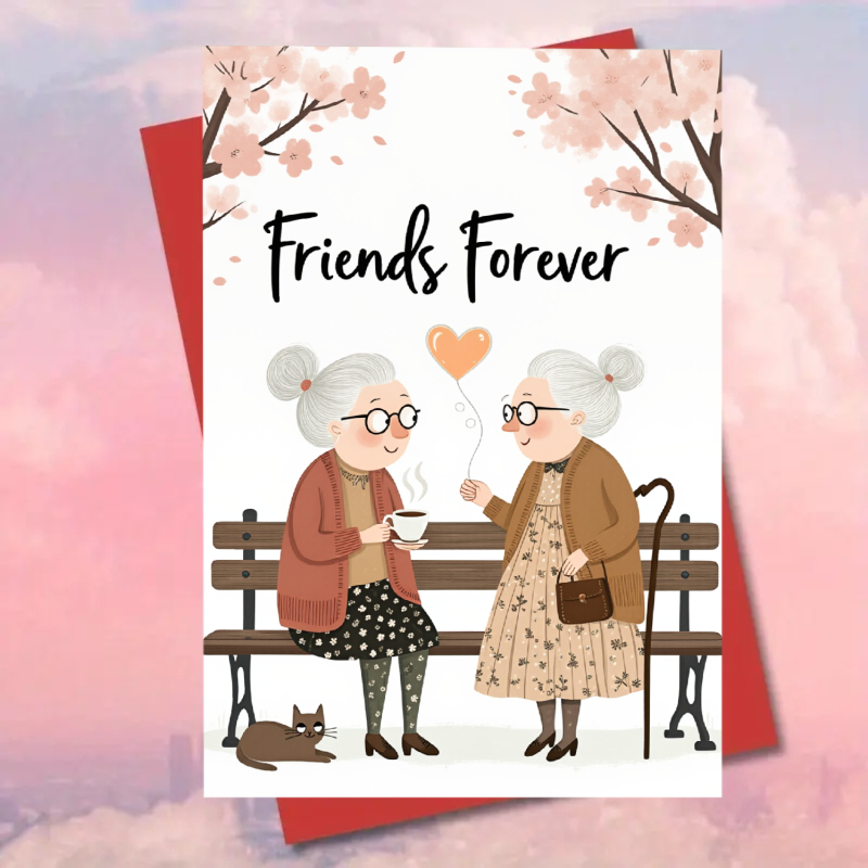 Image of 1pc Friendship Forever Greeting Card 2 Old Grandmothers Drinking Tea Under The Cherry Tree Illustration Design Printed Forever Text Couple Best Friend Birthday Card Suitable For Mother's Day Gift
