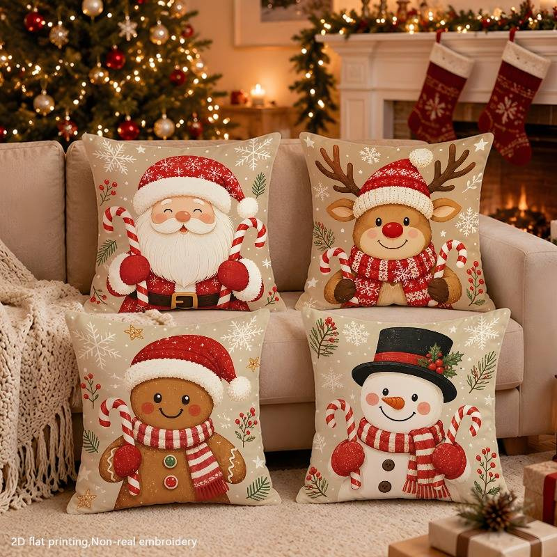 TEMU Printed Design - Non-textured 4pcs Santa Claus, Reindeer, Gingerbread Man And Snowman, Beige Warm Festive Decorative Pillowcases, Suitable For