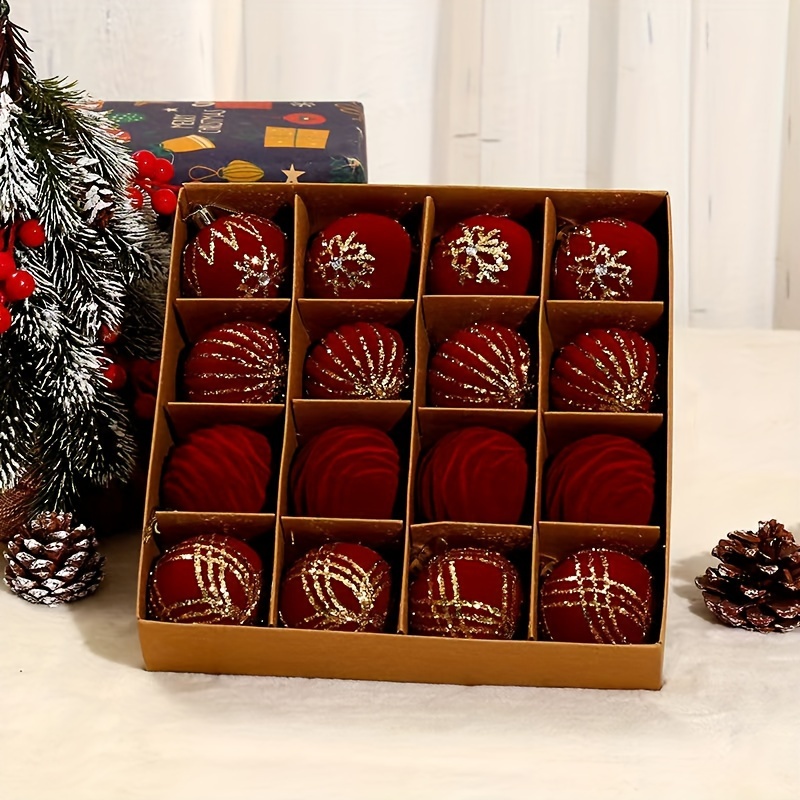 TEMU 16pcs Set Of Red Velvet Christmas Ornament Baubles With Golden Glitter Snowflake Texture, Christmas Tree Ball Ornament Set, Supplies For
