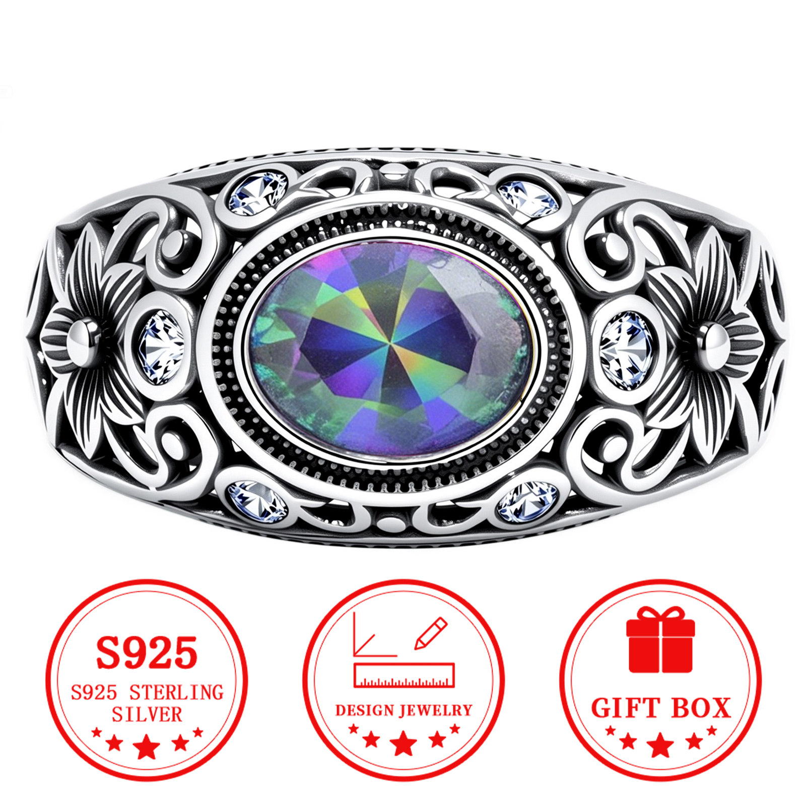 Men's S925 Silver Oval Iridescent Pattern Ring — Stylish Statement