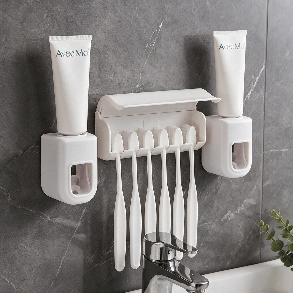 TEMU 3 stuks: 2 automatische tandpastadispensers + 1 tandenborstelhouder voor 6 tandenborstels, geen boren nodig met zelfklevende achterkant.