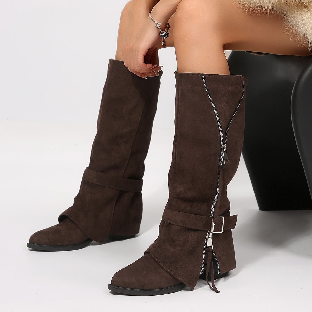 TEMU Time Hoo 2026 Autumn Winter New Style Fashionable Elegant Adjustable Side Decorative Zipper Women's Boots Leg-length Boots Tall Boots For Women,