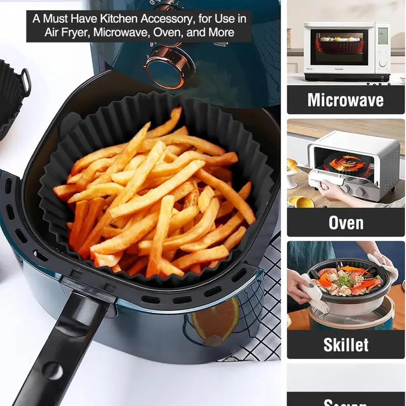 1pc 8-Inch Reusable Air Fryer with Silicone Lining - Easy to Clean, Non-Stick Oven and Microwave Safe, Ideal for Home Cooking and Baking, Air Fryer Accessories