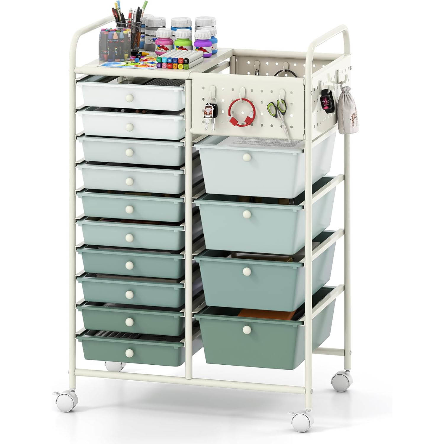 Image of 14-drawer Rolling Cart With Pegboard, Mobile Utility Organizer On Wheels With 2 Locking Brakes, Metal Frame, Multifunctional Art Craft Trolley For Classroom, Home Office & Playroom, Gradient Green