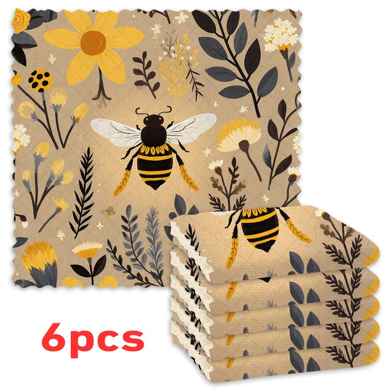 TEMU A Set Of 6 Kitchen Dishcloths Featuring Bee And Flower Leaf Designs, Reusable Microfiber Cleaning Cloths That Are Highly Absorbent And Easy To