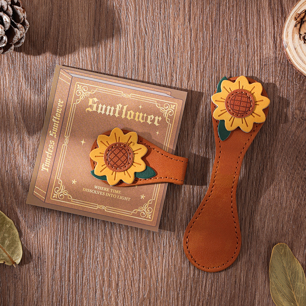 TEMU Vintage Floral Magnetic Faux Leather Bookmark Clip Featuring A Sunflower Leaf Design With Stitched Edges, Perfect As An Inspirational Accessory