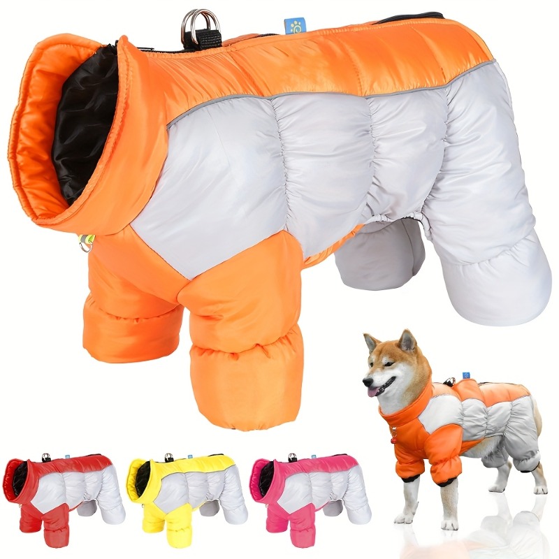 waterproof windproof dog winter jacket with reflective safety trim full zip high neck insulated coat machine washable warm pet clothing with storage pocket adjustable leg warmers for small medium dogs cozy outdoor winter wear cold weather protection high collar design reinforced stitching durable fabric mediumsized pets dog coats winter winter dog clothes dog coats for small dogs