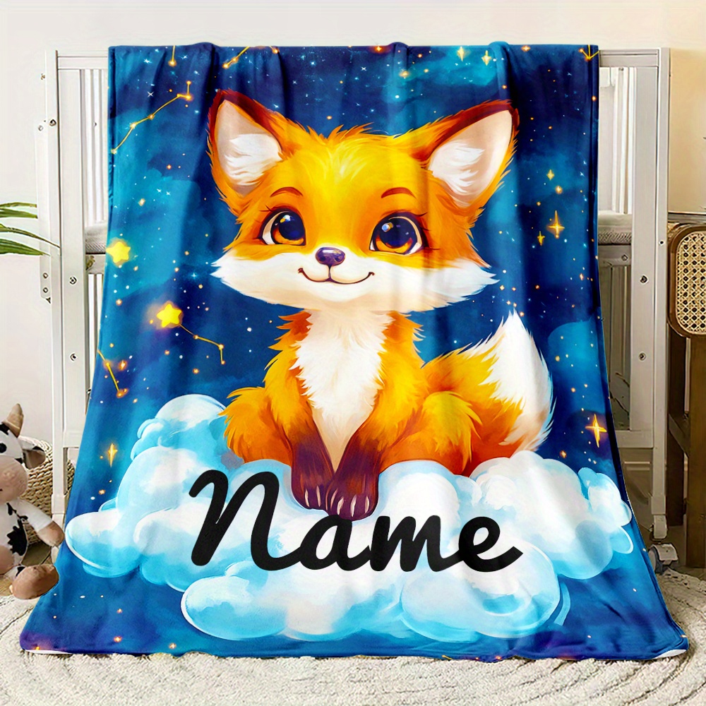 TEMU Custom 1pc Custom Name, Cute Fox, Print Blanket-lightweight Flannel Throw For Sofa, Bed, Travel, Livingroom, Office, Couch, Chair, And