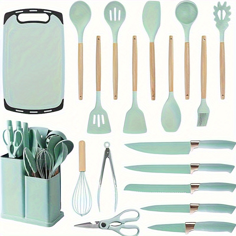 19pcs kitchen cooking utensils and knife set with block   11pcs silicone cooking utensils set 5pcs   steel chef knives scissors whisk tongs and cutting board