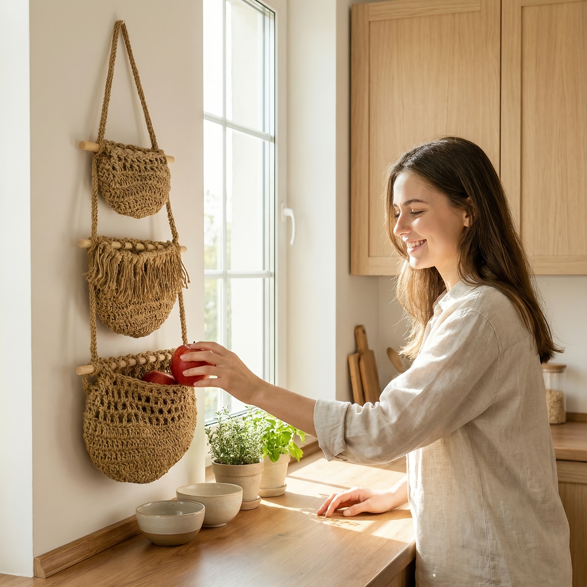 Vegetable Hanging Basket For Kitchen Tier Hanging Fruit Basket With Banana Hanger Macrame Fruit Hammock Under