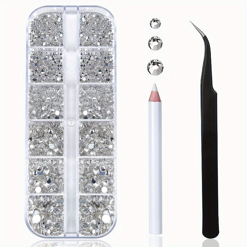 TEMU 2400pcs Nail Art Rhinestones Kit, Flatback Gems Stones In Assorted Sizes (1.5-4.5 Mm), With Storage Organizer Box, Wax Pencil & Tweezers, Unscented, For Diy Nail Crafts And Decorations