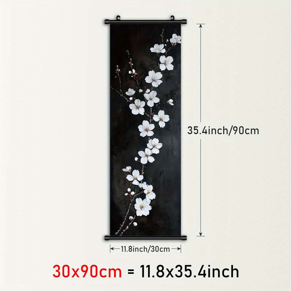 TEMU 1pc Framed Canvas Wall Art - White Blossoms & Branches Scrolls Painting, Dark Background Plastic Frame With Hanger, Modern Asian-inspired