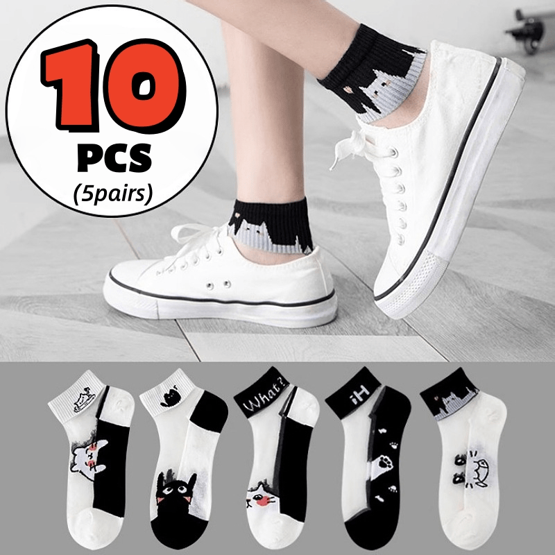 E-shop Zufällige Mischfarben 10 Stück/5 Paar Damen Strümpfe mit Katzen-Print, atmungsaktiv, durchsichtig, dünn - Atmungsaktives, bequemes, leichtes