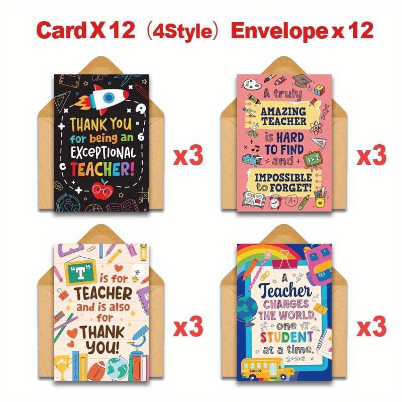 TEMU 24pcs Teacher Appreciation Greeting Cards Set 12 Cards And 12 Envelopes, 4 Styles, Messages For Teachers, Ideal For Teachers Day Wishes, Perfect
