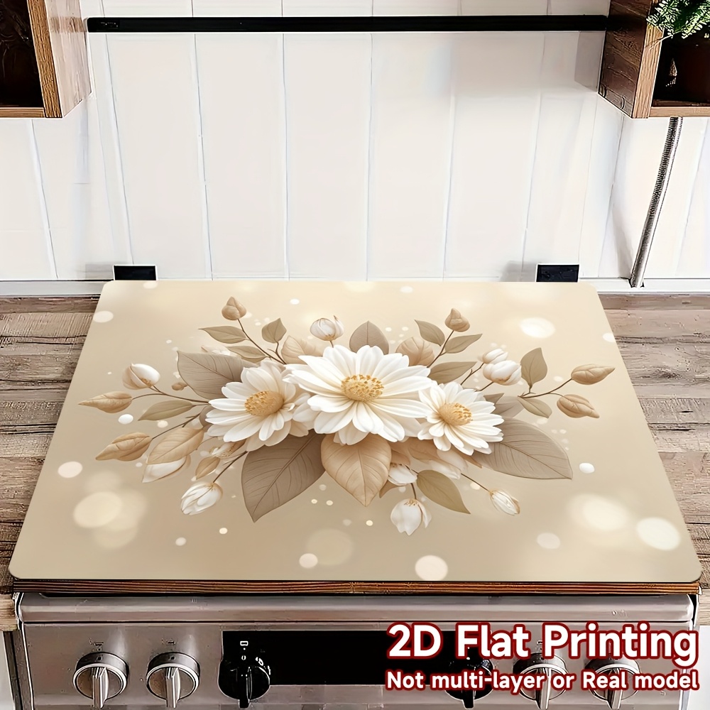 TEMU 1pc Tapis de pour Cuisinière avec Design Élégant Beige et Blanc - aux Rayures et à la Chaleur, Compatible avec les Lave-linge et Sèche-linge,