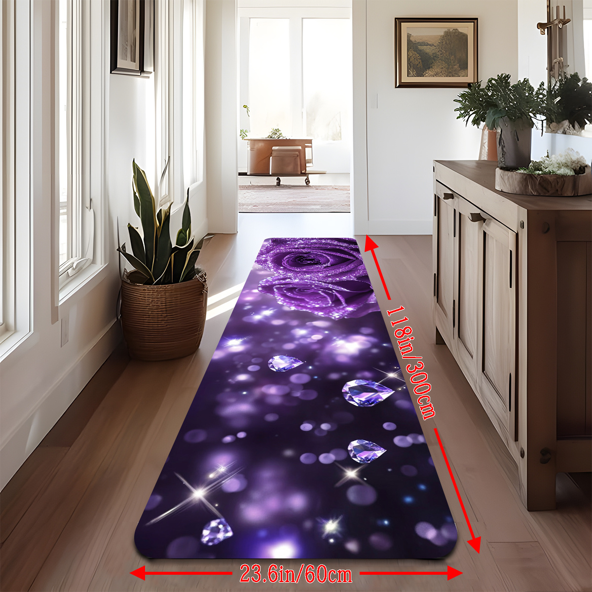TEMU [1.0cm Thickness + Non-slip Backing] - 1pc Purple Diamond Rose Print Runner Rug, Multicolor Background Long Strip Carpet, Bath Mat, Non-slip