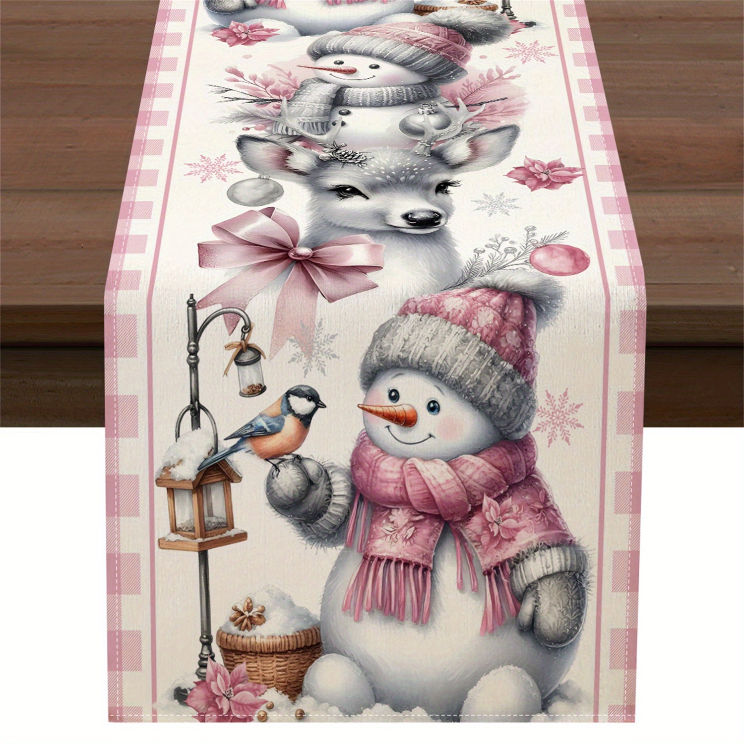 TEMU 1pc Frame Snowman Snowflake Deer Bird Bow Flower Christmas Table Runner For Kitchen Dining Table Decor, Holidays Decoration