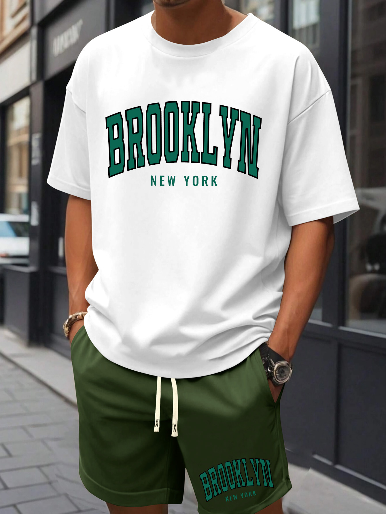 Men'S Brooklyn New York Print Cotton T-Shirt & Shorts Set - Casual Crew Neck, Short Sleeve, Loose Fit, Summer Outfit with Pockets, White with Green Lettering, Beachwear Clothing|Relaxed Fit Shorts|Pocketed Tshir