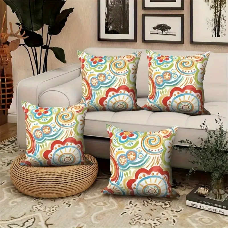 4pcs retro geometric floral print pillow covers double sided 2d printed soft plush cushion covers with zipper closure machine washable multiple sizes for living room bedroom sofa decor decorative pillow covers bedroom accessories accents durable fabric covers 2d flat Product details 6