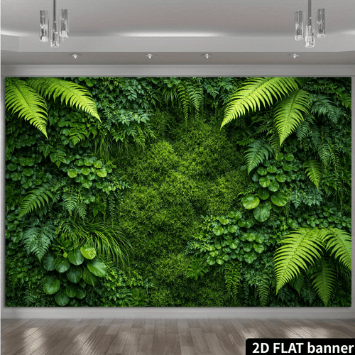 2d flat 2d flat green plant wall themed backdrop fresh scene of dense green with ferns round leaf plants and moss featuring rich greenery with staggered layers made of durable no power supply needed
