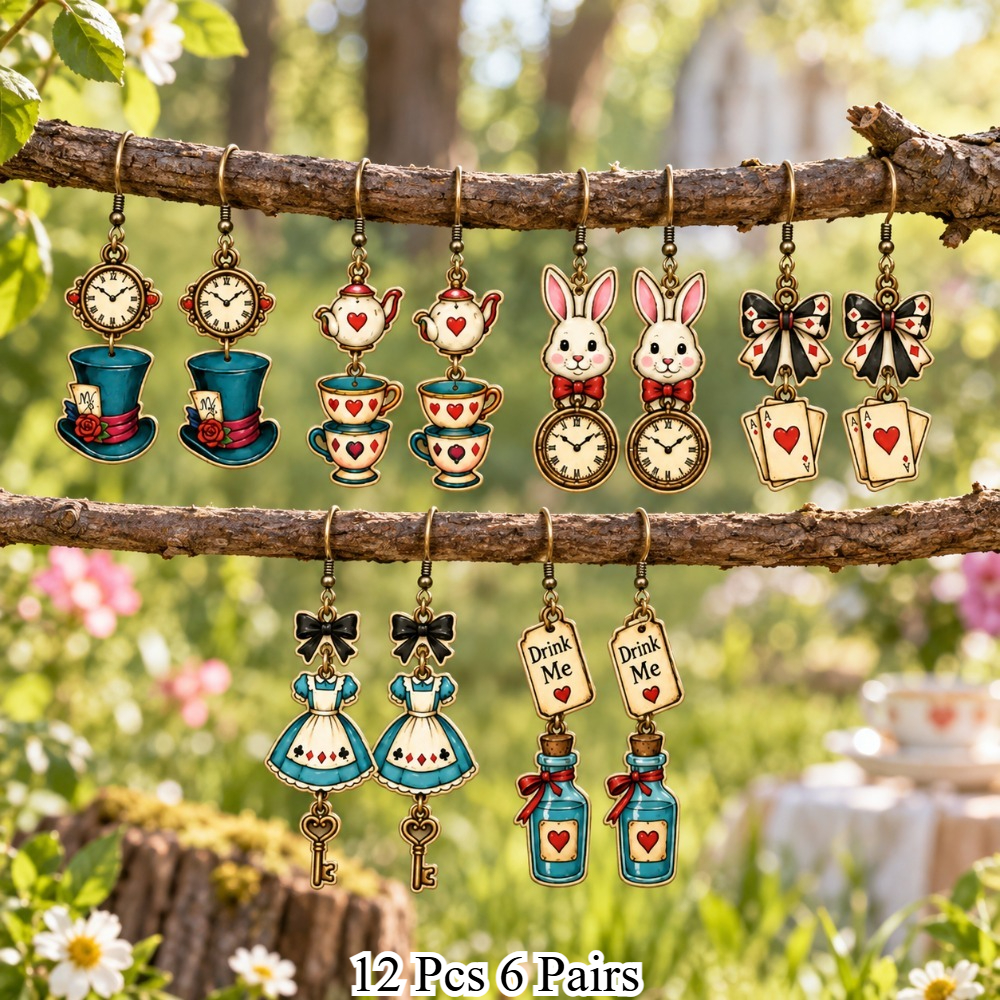 TEMU 12pcs 6 Pairs Wooden Earring Set, Clock And Top Hat Design, Lightweight For Wear, Ideal For Cosplay, Halloween, Daily, Vacation, Black Friday,