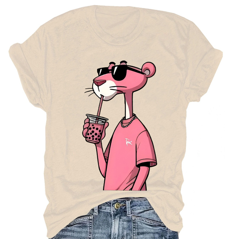 

T-shirt Décontracté pour Femme - Imprimé Souris Cartoon Rose, Manches Courtes, Col Rond, Polyester Léger, Lavable en Machine - pour & l'Été