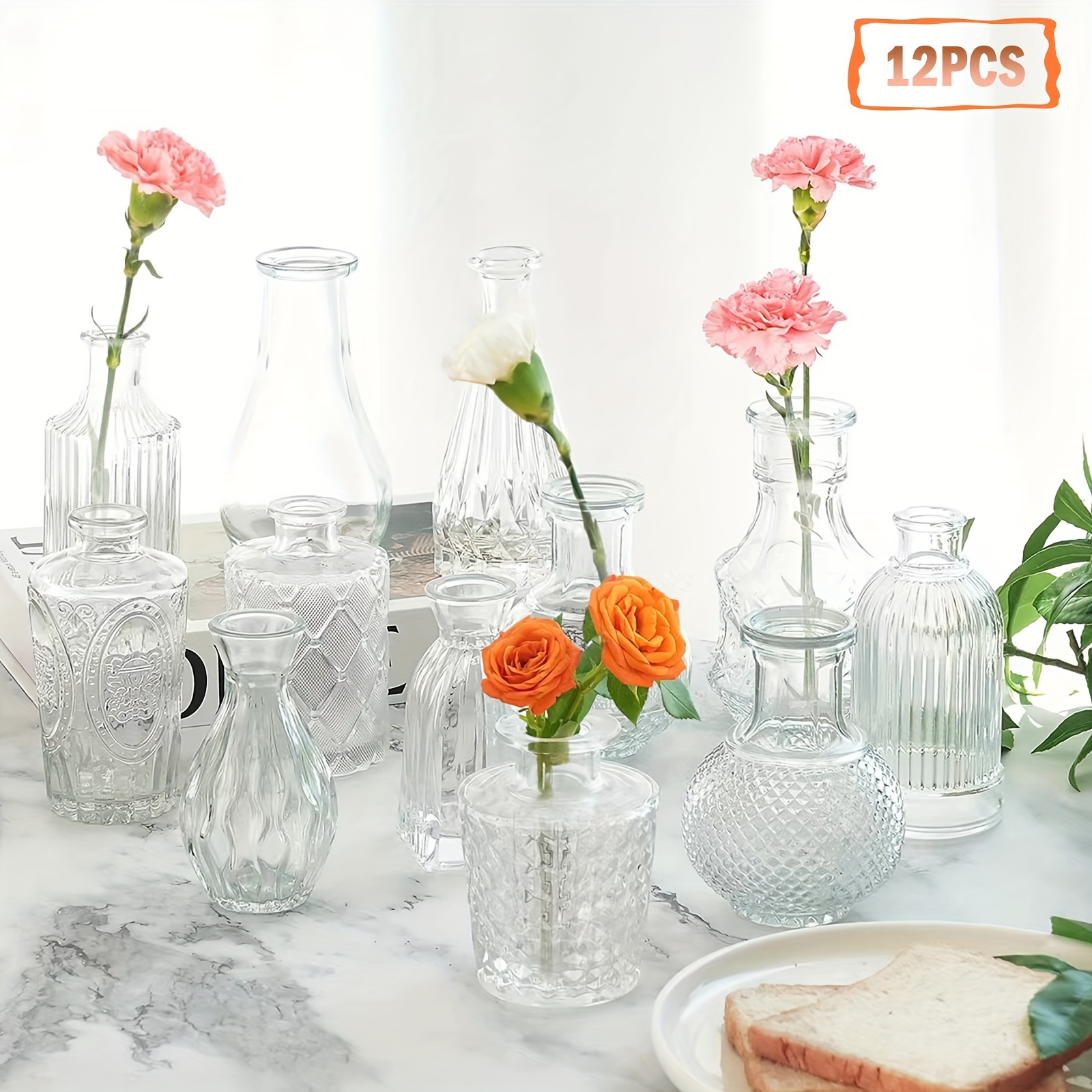 Image of 12-transparent Embossed Hydroponic Plant Vases, Decorative Bottles, Glass Vases, Vintage Wedding Accessories, Table Decorations, Room Decorations, Home Decor