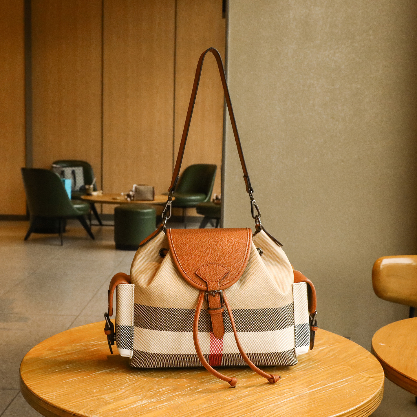Image of Retro Drawstring Bucket Bag, Top Layer Cow Genuine Leather Flap Crossbody Shoulder Purse, All-match Spacious Casual Ladies Daily Handbag