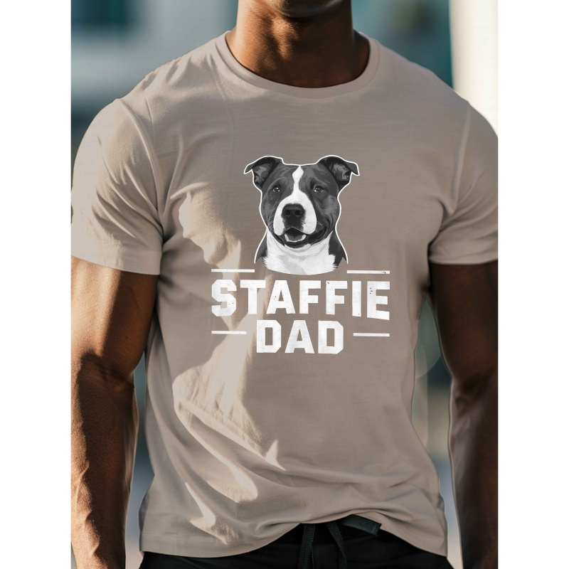 

T-shirt décontracté à col rond pour homme avec de Staffordshire Bull Terrier, tissu tricoté % polyester, légèrement extensible, coupe régulière, haut d'été léger - Design à motif géométrique