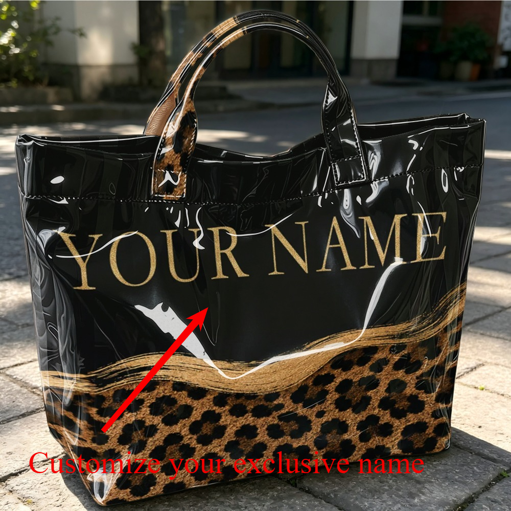 TEMU Women's Tote Handbag, Customizable Name Personalized Bag, Leopard Print With Golden Large-capacity Shopping Tote, Trendy And Stylish Daily