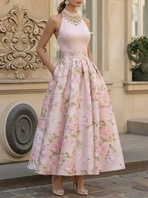 Halter Neck Sleeveless Waisted Printed Maxi Dress Women's Summer Style | Gentle and Retro Elegant Style, Ideal for Spring and Summer Everyday * & Semi-Formal Occasions Halter Neck Sleeveless Waisted Printed Maxi Dress Women's Summer Style | Gentle and Retro Elegant Style, Ideal for Spring and Summer Everyday * & Semi-Formal Occasions